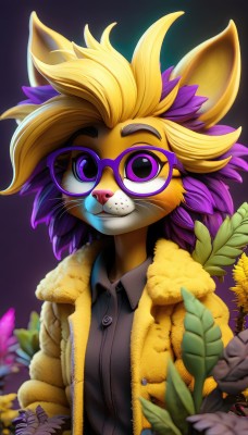 solo,looking at viewer,smile,blonde hair,simple background,shirt,long sleeves,1boy,animal ears,closed mouth,standing,purple eyes,jacket,upper body,purple hair,flower,male focus,multicolored hair,open clothes,glasses,collared shirt,artist name,cat ears,signature,blurry,two-tone hair,open jacket,coat,gradient,black shirt,gradient background,gradient hair,:3,buttons,depth of field,blurry background,leaf,happy,plant,furry,purple background,hands in pockets,round eyewear,purple flower,furry female,yellow jacket,furry male,body fur,animal nose,whiskers,two-tone fur,yellow fur,purple-framed eyewear,1girl,short hair,dress shirt,watermark,wing collar,spiked hair,black background,web address,zipper,freckles,brown jacket,sunflower,snout,brown fur