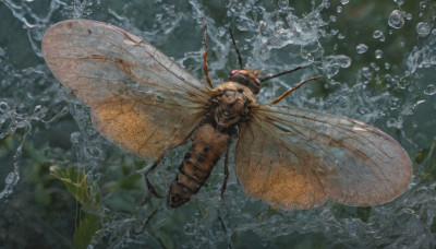 wings, water, blurry, no humans, bug, flying, realistic, antennae, insect wings