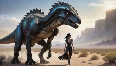 HQ,1girl,solo,long hair,breasts,open mouth,black hair,red eyes,dress,cleavage,medium breasts,standing,tail,boots,outdoors,sky,teeth,day,cloud,black footwear,black dress,high heels,sharp teeth,claws,walking,monster,mountain,realistic,dragon,sun,desert,dust,dinosaur,kaijuu,scenery,long dress