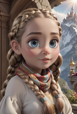 1girl,solo,long hair,looking at viewer,smile,blue eyes,blonde hair,brown hair,jewelry,upper body,braid,flower,outdoors,parted lips,sky,teeth,day,puffy sleeves,cloud,necklace,twin braids,blue sky,lips,eyelashes,sunlight,plant,building,hair over shoulder,forehead,freckles,mountain,realistic,nose,fantasy,sun,castle,multiple braids,blush,dress,artist name,thick eyebrows,cloudy sky,crown braid