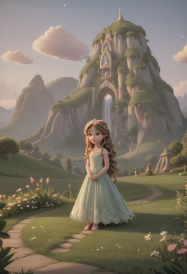 1girl,solo,long hair,looking at viewer,smile,open mouth,blue eyes,brown hair,dress,standing,braid,flower,outdoors,sky,barefoot,cloud,water,tree,blue dress,wavy hair,grass,white flower,scenery,green dress,mountain,fantasy,head wreath,castle,waterfall,fountain,hair ornament,very long hair,full body,short sleeves,artist name,hair flower,lips,cloudy sky,own hands together,building,child,wide shot,tower,cliff