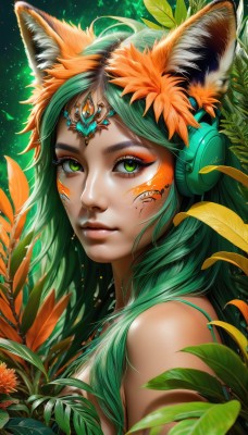 1girl,solo,long hair,looking at viewer,hair ornament,animal ears,bare shoulders,jewelry,green eyes,upper body,flower,parted lips,green hair,artist name,cat ears,dark skin,from side,lips,fox ears,eyelashes,makeup,headphones,leaf,facial mark,plant,slit pupils,portrait,eyeshadow,circlet,nose,eyeliner,facepaint,forehead jewel,hair flower,necklace,watermark,web address,light particles,realistic,mascara