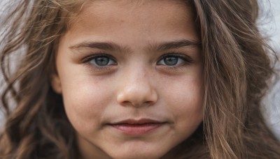 1girl,solo,long hair,looking at viewer,blue eyes,blonde hair,simple background,brown hair,white background,brown eyes,closed mouth,parted lips,lips,grey eyes,portrait,close-up,realistic,nose,smile,eyelashes