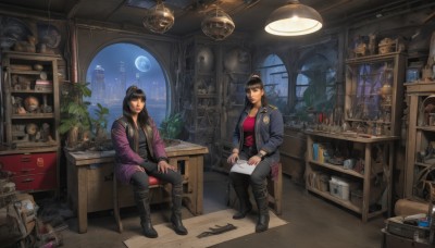 long hair,breasts,multiple girls,brown hair,black hair,hat,2girls,jewelry,sitting,jacket,boots,open clothes,pants,indoors,black footwear,cup,book,window,night,chair,black pants,moon,table,bottle,plant,box,scenery,desk,science fiction,lantern,paper,realistic,bookshelf,potted plant,lamp,stool,planet,shelf,jar,map,hands on lap,office,globe,loaded interior,1girl,looking at viewer,smile,short hair,bangs,shirt,long sleeves,brown eyes,closed mouth,ponytail,weapon,sky,sword,hood,necklace,bag,bracelet,open jacket,lips,gun,makeup,knee boots,knife,denim,lipstick,crescent,night sky,hooded jacket,handgun,sheathed,open book,nose,clock,candle,purple jacket,photo (object),picture frame,portrait (object),backpack removed,hourglass