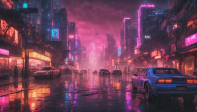 outdoors, sky, cloud, no humans, night, cloudy sky, ground vehicle, building, scenery, motor vehicle, reflection, rain, city, sign, car, road, cityscape, street, skyscraper, puddle, city lights, neon lights