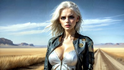 HQ,1girl,solo,long hair,breasts,looking at viewer,blue eyes,blonde hair,large breasts,dress,cleavage,medium breasts,collarbone,jacket,upper body,white hair,outdoors,parted lips,open clothes,sky,day,cloud,open jacket,blue sky,lips,makeup,denim,lipstick,blue jacket,wind,mountain,realistic,nose,sand,field,badge,dirty,desert,denim jacket,short hair,mole,sunlight,cloudy sky,messy hair,forehead,cropped jacket,emblem,leather,leather jacket