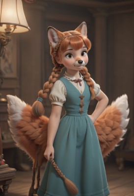 1girl,solo,long hair,looking at viewer,smile,bangs,brown hair,shirt,dress,holding,animal ears,twintails,brown eyes,closed mouth,standing,tail,white shirt,braid,short sleeves,puffy sleeves,artist name,indoors,orange hair,blurry,twin braids,puffy short sleeves,hand on hip,fox ears,blurry background,blue dress,fox tail,fox girl,multiple tails,furry,furry female,pinafore dress,lamp,animal nose,blush,jewelry,earrings,animal ear fluff,depth of field,table,dog ears,extra ears,freckles,dog girl,brown fur