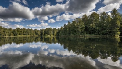 outdoors,sky,day,cloud,water,tree,blue sky,no humans,cloudy sky,grass,nature,scenery,forest,reflection,mountain,river,landscape,lake,reflective water