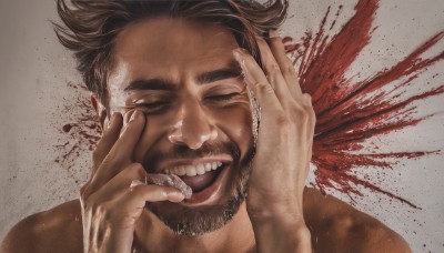 solo,looking at viewer,short hair,open mouth,brown hair,black hair,1boy,closed eyes,male focus,teeth,tongue,tongue out,grey background,blood,facial hair,thick eyebrows,portrait,beard,realistic,mustache,hands on own face,blood splatter,smile,scar,licking,manly,finger in own mouth