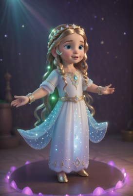 1girl,solo,long hair,smile,blue eyes,blonde hair,brown hair,dress,jewelry,very long hair,standing,full body,braid,short sleeves,necklace,white dress,blurry,twin braids,flat chest,bracelet,blue dress,outstretched arms,tiara,gem,child,light particles,curly hair,female child,open mouth,teeth,sparkle,blurry background,upper teeth only,wavy hair,aged down,light rays,long dress,dark background,open hands,spotlight