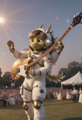 1girl,smile,multiple girls,brown hair,holding,brown eyes,standing,tail,outdoors,horns,sky,solo focus,tree,colored skin,instrument,child,furry,headset,music,sun,guitar,female child,flag,playing instrument,holding instrument,electric guitar,crowd,american flag,spacesuit,japanese flag,people,astronaut,multiple boys,headphones,6+boys,alien,plectrum,acoustic guitar