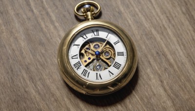 no humans,shadow,from above,watch,wooden floor,clock,gears,pocket watch,still life,roman numeral,analog clock