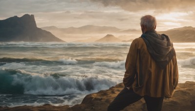 solo,short hair,long sleeves,1boy,standing,jacket,grey hair,male focus,outdoors,sky,pants,cloud,hood,water,from behind,hoodie,ocean,beach,black pants,hood down,cloudy sky,scenery,hooded jacket,hand in pocket,brown jacket,rock,mountain,hands in pockets,sand,horizon,facing away,waves,shore,white hair