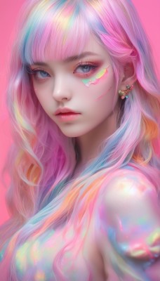 1girl,solo,long hair,breasts,looking at viewer,bangs,blue eyes,blonde hair,simple background,jewelry,medium breasts,closed mouth,blue hair,upper body,pink hair,multicolored hair,earrings,parted lips,blunt bangs,from side,lips,eyelashes,gradient hair,makeup,facial mark,piercing,pink background,lipstick,eyeshadow,pink lips,realistic,nose,red lips,eyeliner,colorful,mascara,rainbow hair,nude,streaked hair,wavy hair,expressionless,facepaint