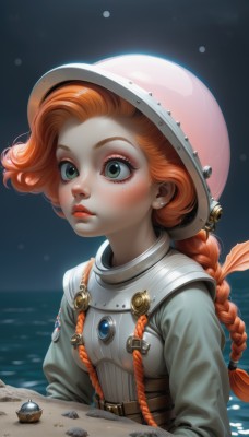 1girl,solo,long hair,breasts,long sleeves,jewelry,closed mouth,green eyes,upper body,braid,red hair,earrings,small breasts,artist name,water,orange hair,armor,lips,eyelashes,makeup,ocean,helmet,lipstick,gem,freckles,rock,nose,red lips,looking afar,blush,gloves,single braid,watermark,moon,shell,seashell,spacesuit