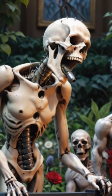 flower,teeth,blurry,no humans,blurry background,rose,leaf,plant,robot,red flower,skull,red rose,ribs,skeleton,bone,open mouth,indoors,joints