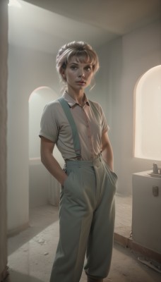 1girl,solo,looking at viewer,short hair,bangs,brown hair,shirt,brown eyes,jewelry,standing,white shirt,short sleeves,earrings,parted lips,collared shirt,pants,artist name,indoors,lips,buttons,suspenders,realistic,nose,hands in pockets,blonde hair,light