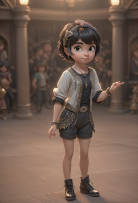 1girl,solo,looking at viewer,smile,short hair,bangs,brown hair,shirt,black hair,hair ornament,brown eyes,jewelry,closed mouth,standing,collarbone,jacket,full body,short sleeves,hairband,earrings,boots,multiple boys,open clothes,shoes,shorts,solo focus,belt,indoors,necklace,nail polish,black footwear,blurry,black eyes,flat chest,bracelet,open jacket,lips,fingernails,black shirt,short shorts,depth of field,blurry background,swept bangs,black shorts,white jacket,thick eyebrows,cross,pointing,child,red nails,buckle,pendant,cross-laced footwear,watch,belt buckle,nose,red lips,female child,ankle boots,wristwatch,cross necklace,pillar,crowd,church,artist name,chain,denim,sneakers,blue shorts,denim shorts,grey jacket,no socks