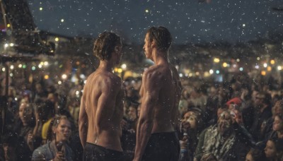 short hair,brown hair,black hair,hat,male focus,outdoors,multiple boys,sky,blurry,wet,muscular,night,depth of field,blurry background,facial hair,back,star (sky),night sky,beard,starry sky,6+boys,topless male,realistic,mustache,bokeh,crowd,standing,japanese clothes,from behind,looking at another,red headwear,santa hat,rain,snowing,wet hair,old,old man,lights,festival,christmas lights