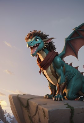 solo,open mouth,brown eyes,tail,outdoors,wings,sky,teeth,tongue,cloud,scarf,no humans,fangs,looking up,sharp teeth,claws,sunset,red scarf,mountain,dragon,sun,scales,bracer,vines,sunrise,black hair,curly hair,monster,blue skin