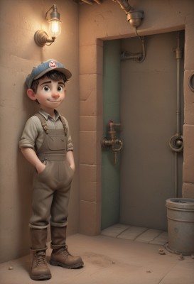 solo,looking at viewer,smile,brown hair,shirt,black hair,1boy,hat,brown eyes,closed mouth,standing,full body,male focus,boots,collared shirt,brown footwear,child,baseball cap,sleeves rolled up,blue headwear,lantern,hands in pockets,door,lamp,overalls,male child,light bulb,industrial pipe,alley,short hair,thick eyebrows