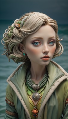 1girl,solo,looking at viewer,short hair,blue eyes,blonde hair,shirt,hair ornament,jewelry,closed mouth,jacket,upper body,hairband,earrings,outdoors,artist name,water,necklace,blurry,lips,eyelashes,makeup,blurry background,ocean,lipstick,gem,pendant,freckles,curly hair,green jacket,realistic,nose,green shirt,red lips,mascara,blush,bangs,parted lips,zipper