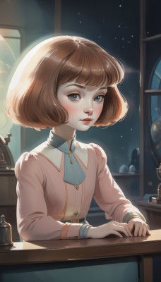 1girl,solo,looking at viewer,blush,short hair,bangs,blue eyes,brown hair,shirt,long sleeves,sitting,upper body,parted lips,sky,shiny,artist name,indoors,lips,ascot,eyelashes,window,makeup,night,table,bob cut,lipstick,star (sky),night sky,starry sky,freckles,nose,red lips,closed mouth,chess piece,hourglass