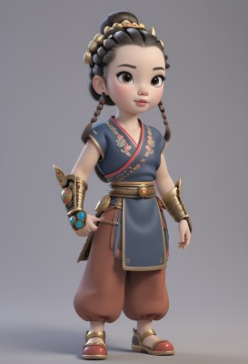 1girl,solo,looking at viewer,blush,simple background,brown hair,black hair,hair ornament,brown eyes,jewelry,standing,full body,weapon,braid,short sleeves,pants,grey background,hair bun,twin braids,lips,sash,sandals,child,female child,bracer,multiple braids,long hair,shirt,earrings,shoes,belt,dark skin,single hair bun,blue shirt