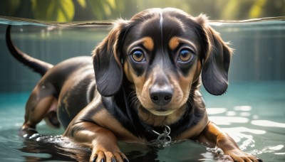 HQ,solo,looking at viewer,brown eyes,water,blurry,wet,no humans,depth of field,blurry background,animal,partially submerged,dog,realistic,animal focus,swimming,full body,outdoors,day,signature,tree,sunlight,nature,web address,claws,reflection