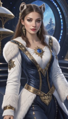 1girl,solo,long hair,breasts,looking at viewer,smile,brown hair,shirt,long sleeves,dress,animal ears,brown eyes,jewelry,medium breasts,closed mouth,standing,white shirt,cowboy shot,earrings,pants,indoors,lips,fur trim,makeup,blue dress,gem,gold trim,nose,red lips,extra ears,realistic