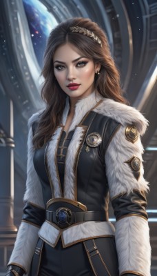 1girl,solo,long hair,breasts,looking at viewer,brown hair,gloves,long sleeves,brown eyes,jewelry,medium breasts,closed mouth,standing,jacket,cowboy shot,hairband,earrings,belt,pants,indoors,signature,fingerless gloves,blurry,lips,coat,fur trim,makeup,blurry background,wavy hair,black pants,tiara,lipstick,gem,eyeshadow,realistic,nose,arms at sides,red lips,weapon,artist name,watermark,space,planet,earth (planet)