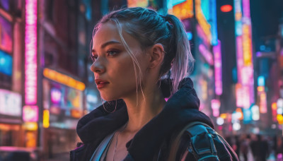 1girl, solo, blue eyes, jewelry, jacket, upper body, ponytail, parted lips, blurry, lips, blurry background, realistic, nose, earphones, cyberpunk, neon lights