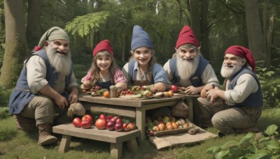 1girl,long hair,smile,open mouth,brown hair,shirt,long sleeves,hat,holding,sitting,white shirt,white hair,grey hair,boots,outdoors,food,multiple boys,day,pants,vest,tree,fruit,facial hair,brown footwear,table,3boys,grass,nature,red headwear,beard,forest,4boys,realistic,bandana,mustache,apple,basket,blue vest,mushroom,old,old man,vegetable,looking at viewer,blonde hair,closed eyes,:d,leaf,squatting,holding food,blue shirt,knife,brown pants