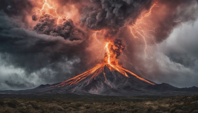 outdoors, sky, cloud, no humans, cloudy sky, fire, scenery, mountain, electricity, lightning, molten rock