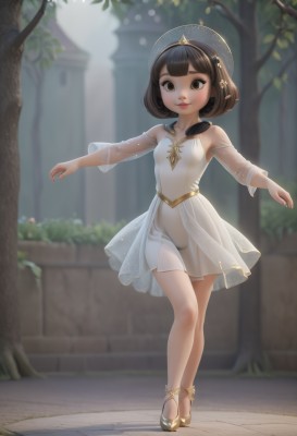 1girl,solo,breasts,looking at viewer,smile,short hair,bangs,brown hair,black hair,hat,dress,bare shoulders,brown eyes,standing,full body,small breasts,outdoors,detached sleeves,shoes,artist name,white dress,blurry,leotard,tree,lips,see-through,loli,blurry background,bob cut,outstretched arms,tiara,see-through dress,ballerina,ballet slippers,tutu,hair ornament,flower,no panties