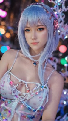 1girl,solo,long hair,breasts,looking at viewer,smile,bangs,blue eyes,hair ornament,dress,cleavage,bare shoulders,jewelry,medium breasts,closed mouth,underwear,blue hair,collarbone,upper body,white hair,choker,necklace,bra,blurry,lips,depth of field,blurry background,gem,white bra,realistic,small breasts,artist name,head tilt,lingerie,tiara,breasts apart,bokeh