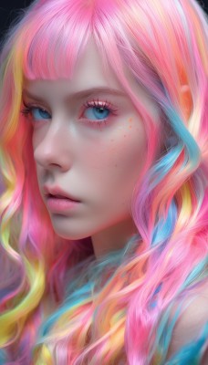 1girl,solo,long hair,looking at viewer,bangs,blue eyes,blonde hair,closed mouth,blue hair,pink hair,multicolored hair,parted lips,artist name,lips,eyelashes,gradient hair,makeup,watermark,wavy hair,portrait,web address,close-up,eyeshadow,freckles,pink lips,realistic,nose,eyeliner,mascara,rainbow hair,blunt bangs,streaked hair,expressionless,black background