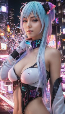 1girl,solo,long hair,breasts,looking at viewer,bangs,large breasts,gloves,navel,animal ears,cleavage,bare shoulders,brown eyes,medium breasts,blue hair,upper body,multicolored hair,parted lips,detached sleeves,choker,cat ears,white gloves,fingerless gloves,blurry,collar,leotard,lips,blurry background,fake animal ears,headgear,realistic,cyberpunk,jacket,outdoors,open clothes,hand up,off shoulder,open jacket,grey eyes,gradient hair,night,science fiction,city,cityscape,city lights,neon lights