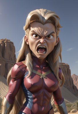 1girl,solo,long hair,breasts,looking at viewer,open mouth,blonde hair,brown eyes,medium breasts,very long hair,upper body,outdoors,sky,teeth,blue sky,bodysuit,covered navel,muscular,abs,genderswap,skin tight,angry,genderswap (mtf),muscular female,shouting,superhero,red bodysuit,1boy,day,tongue,uvula