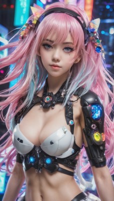 1girl,solo,long hair,breasts,looking at viewer,bangs,blue eyes,large breasts,hair ornament,navel,cleavage,medium breasts,closed mouth,upper body,pink hair,multicolored hair,hairband,midriff,mole,blurry,two side up,lips,mole under eye,gradient hair,makeup,blurry background,science fiction,realistic,parted lips,stomach,armor,eyelashes,cyberpunk