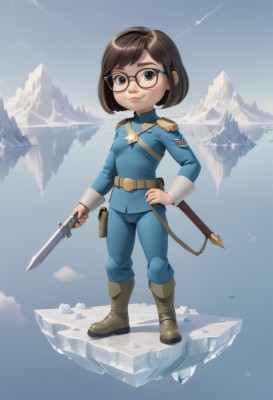 1girl,solo,breasts,looking at viewer,smile,short hair,blue eyes,simple background,brown hair,white background,holding,closed mouth,standing,full body,weapon,small breasts,boots,sky,glasses,belt,pants,sword,cloud,holding weapon,uniform,blue sky,hand on hip,military,no humans,military uniform,brown footwear,holding sword,knife,sheath,epaulettes,ice,long sleeves,day,lips,gun,blue theme,floating island