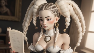 1girl,solo,long hair,breasts,looking at viewer,blush,blonde hair,brown hair,dress,holding,cleavage,bare shoulders,twintails,brown eyes,jewelry,medium breasts,closed mouth,upper body,braid,multicolored hair,earrings,small breasts,detached sleeves,indoors,nail polish,mole,blurry,twin braids,two-tone hair,lips,book,window,makeup,detached collar,depth of field,blurry background,red nails,forehead,holding book,hoop earrings,open book,reading,multiple braids,collarbone,short sleeves,puffy sleeves,artist name,necklace,white dress,english text,puffy short sleeves,eyelashes,strapless,looking away,sunlight,strapless dress,watch,nose,braided bangs,pocket watch,mascara