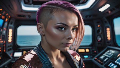 1girl,solo,looking at viewer,short hair,brown eyes,jewelry,closed mouth,jacket,upper body,pink hair,purple hair,multicolored hair,earrings,two-tone hair,lips,makeup,piercing,lipstick,ear piercing,portrait,eyeshadow,science fiction,asymmetrical hair,realistic,nose,stud earrings,leather,undercut,leather jacket,mascara,cyberpunk,cockpit,brown hair,blurry,eyelashes,blurry background,ocean,backlighting,very short hair