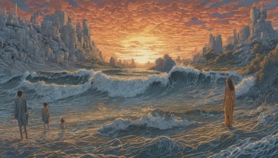 1girl,long hair,short hair,multiple girls,brown hair,black hair,standing,outdoors,multiple boys,sky,cloud,2boys,water,from behind,ocean,3boys,cloudy sky,building,scenery,wading,sunset,mountain,city,aircraft,sun,horizon,airplane,watercraft,ship,waves,orange sky,2girls,tree,facing away,wide shot