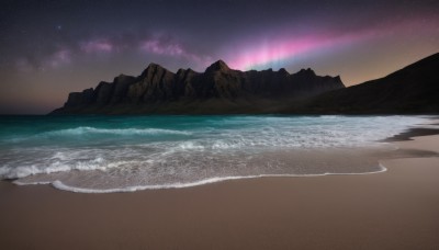 outdoors,sky,water,no humans,night,ocean,beach,star (sky),night sky,scenery,starry sky,rock,sand,horizon,waves,shore,mountain,landscape,aurora