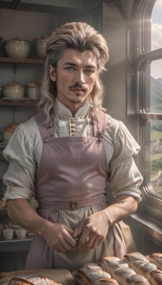 solo,long hair,looking at viewer,blue eyes,blonde hair,brown hair,shirt,1boy,holding,jewelry,standing,white shirt,male focus,parted lips,food,day,puffy sleeves,indoors,apron,lips,window,facial hair,scar,sunlight,ring,knife,beard,scar on face,realistic,mustache,basket,wedding ring,bread,old,pink apron,wrinkled skin,cutting board,smile,closed mouth,upper body,artist name,sleeves rolled up,manly