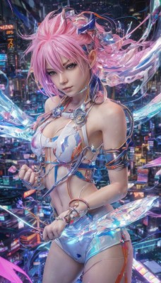 1girl,solo,long hair,breasts,looking at viewer,blue eyes,hair ornament,navel,cleavage,bare shoulders,jewelry,medium breasts,weapon,pink hair,cowboy shot,bracelet,lips,knife,armlet,science fiction,city,realistic,cityscape,cyberpunk,green eyes,shorts,midriff,grey eyes,short shorts,armband