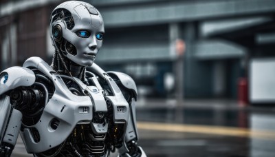 solo,blue eyes,upper body,blurry,no humans,blurry background,robot,building,mecha,1other,science fiction,realistic,android,joints,cable,cyborg,robot joints,humanoid robot,looking at viewer,lips,depth of field,glowing,cyberpunk,mechanical parts