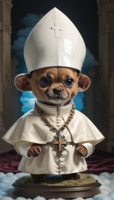 solo,looking at viewer,blue eyes,long sleeves,1boy,hat,jewelry,standing,full body,male focus,sky,cloud,necklace,blurry,no humans,capelet,animal,white headwear,cross,furry,robe,furry male,cross necklace,white capelet,animal focus,latin cross,chef hat,priest,mitre,pillar,faux figurine