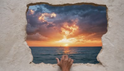 1boy,outdoors,sky,cloud,water,no humans,pov,ocean,beach,sunlight,cloudy sky,scenery,1other,reflection,out of frame,sunset,sun,horizon,pov hands,photo (object),sand,shore,sunrise